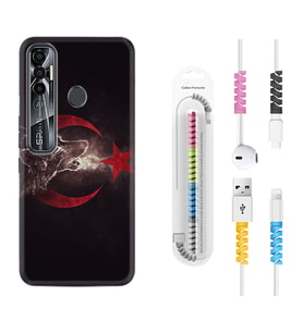 Tecno Spark 6 6 Go 8C 8 Pro 7 7 Pro Kılıf Kablo Koruma Spiral Silikon Kurt ve Ay Yıldız 1403
