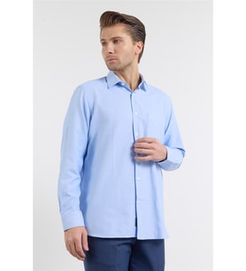 Mavi Sert Yaka Uzun Kol Cepli Comfort Fit Pamuklu Gömlek 1004255285