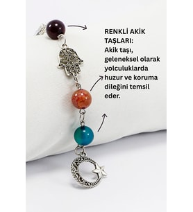 Doğal Taşlı Metal Hamse Fatma Ana Eli Hilal Araba Dikiz Ayna Süsü, Farklı Renklerde Akik Taşları