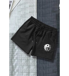 Tasarım Baskılı Pamuk Unisex Penye Short (Siyah)