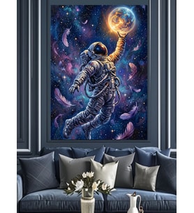 Uzayda Ayı Tutan Astronot Figürü Dekoratif Kanvas - Mdf Ahşap Tablo