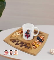 BK Gift Kişiye Özel Süper Baba ve Çocuklar Karikatürlü Beyaz Kupa ve Doğal Masif Ahşap 4 Bölmeli Sunum Tabağı Çerezlik Hediye Seti-1