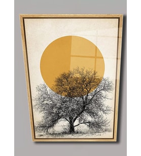 Ahşap Çerçeve Desenli Minimalist Ağaç ve Güneş Tasarımlı Duvar Dekoru