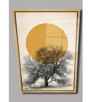 Ahşap Çerçeve Desenli Minimalist Ağaç ve Güneş Tasarımlı Duvar Dekoru