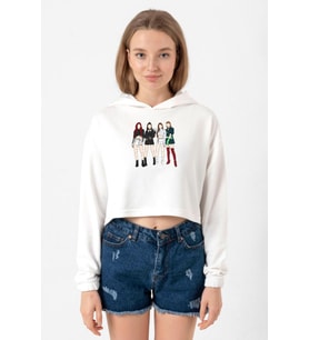 Blackpink Minimalist Ekru Kadın Crop Kapşonlu