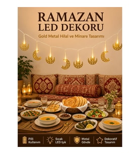 Mey İthalat® Minareli Hilal LED Işık Gold Metal Gövdeli Pilli Ramazan Dekoru