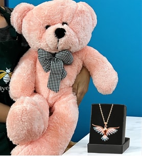 Premium Hediye Seti Büyük Boy 80cm Pembe Peluş Ayıcık ve Özel Tasarım Kolye (Model 2)