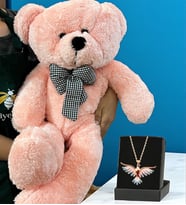 Premium Hediye Seti Büyük Boy 80cm Pembe Peluş Ayıcık ve Özel Tasarım Kolye (Model 2)