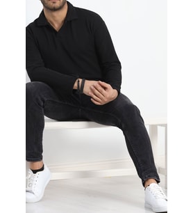 Polo Yaka Şardonlu Erkek Sweat Siyah - 24163.1874.