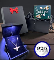 Işıklı Kutusunda Zümrüdü Anka Kuşu Kolye - 925 Gümüş Kolye Siyah Hediye Kutusunda