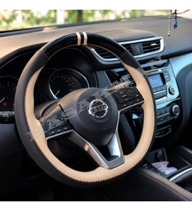 Nissan Qashqai Dikme Direksiyon Kılıfı Parlak Siyah Bej Detaylı Bej Çift Yüzük ve Dikiş 2017-2021