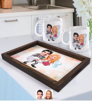 BK Gift Kişiye Özel Evleniyoruz Karikatürlü Doğal Ahşap Tepsi ve 2’li Kupa Bardak Seti-7