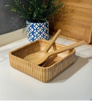 Bambu Çizgili Kase ve kaşık seti ,23 cm-23 cm  büyük Boy  Meyvelik Ekmeklik Salata Meze Bowl Curve