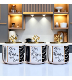 Baharatlık 3 lü Oval Büyük Boy Kahve Köşesi Seti 1400 ml (Çay,Kahve,Şeker) flower Desen Gold
