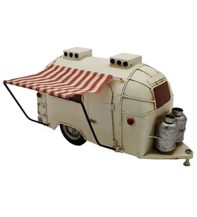 Vintage Metal Karavan Biblo - Retro Çizgili Tente ile Nostaljik Masaüstü Dekoru