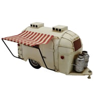 Vintage Metal Karavan Biblo - Retro Çizgili Tente ile Nostaljik Masaüstü Dekoru
