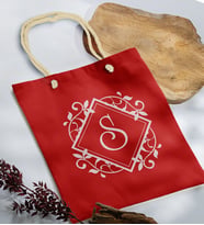 BK Gift Kişiye Özel Harfli Kırmızı Halat Saplı Kumaş Bez Çanta-2, Baskılı Omuz Çantası, Alışveriş Çantası