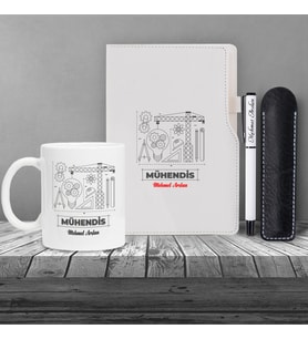 Kişiye Özel UV Baskılı Mühendis Temalı Beyaz Defter & Beyaz  Roller Kalem ve Kupa Seti