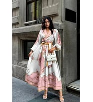 Neşeli butik kadın kuşaklı midi boy desenli elbise NBMS42149 (Pembe)