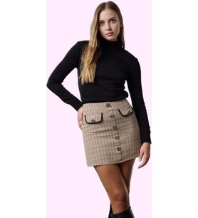 Kadın Moda Stil Mini Astarsız Dokuma Tüvit Kumaşlı Cep ve Düğme Detaylı Ekose Desenli Dokuma Etek (C