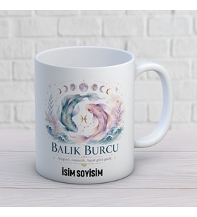 Kişiye Özel Balık Burcu Tasarımlı İsimli Seramik Kupa Bardak