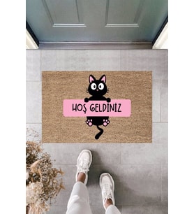 Dormot Modern Baskı - Kedi Hoşgeldin - Karşılama Kapı Önü Paspası (Bej)