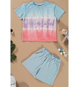 Batik Yıkamalı Mavi Tshirt Şort Takım