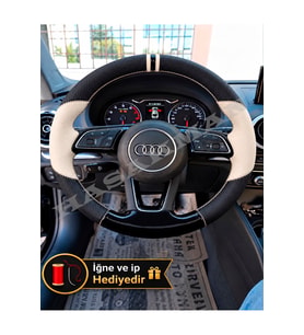 Audi Q2 Dikme Direksiyon Kılıfı Delikli Deri Parlak Siyah Bej Detay Çift Yüzük ve Dikiş 2016-2020