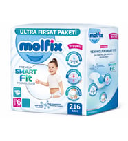 Molfix Premium Smart Fit Bebek Bezi 6 Beden 15+ KG Extra Large 216 Adet Avantaj Ultra Fırsat Pk