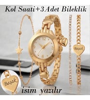 Kadın Kol Saati Gümüş Renk + 3 ADET BİLEKLİK Kişiye Özel - Metal Kordonlu Taşlı Kasa Bayan Saati  Sevgililer Günü Hediyesi Sevgiliye Hediye Doğum Günü Hediyesi (Gold)