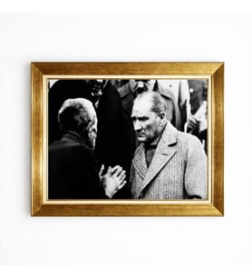 Tablore Atatürk Ve Vatandaş Nostaljik Siyah Beyaz Altın Çerçeveli Tablo Dönem Fotoğrafı Duvar Dekoru
