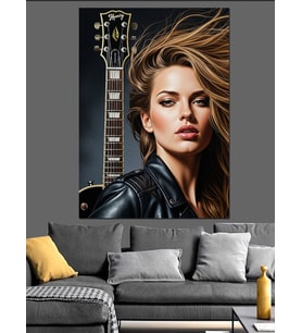 Gitar Çalan Uzun Saçlı Kadın Dekoratif Kanvas - Mdf Ahşap Tablo