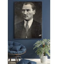 Blok Design Kanvas Tablo Atatürk Resim Fotoğrafları Dekoratif Duvar Tablosu (Beyaz-Siyah)