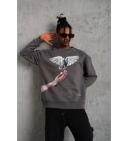 Erkek Güvercin Baskılı 3 iplik pamuklu Bisiklet Yaka Sweatshirt - Gri