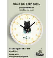 İsme Özel Sevimli Kedi Çocuk Odası Duvar Saati Orta Boy 30 cm Beyaz Camlı Sessiz