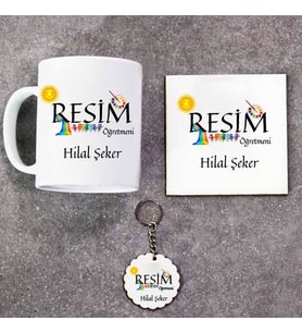 Resim Öğretmeni Kupa Bardak Altlık ve Anahtarlık Hediye Seti (Model 1)