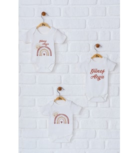 Pia Baby Premium %100 Pamuk İsme Özel Organik Baskılı Üçlü Set Çıtçıtlı Bebek Body Zıbın Modelleri 5059-18 (Ekru)