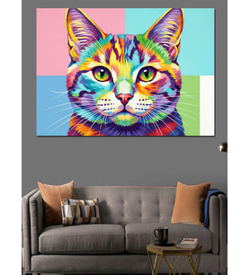 Rengarenk Kedi Yüzü Popart Dekoratif Kanvas - Mdf Ahşap Tablo