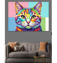 Rengarenk Kedi Yüzü Popart Dekoratif Kanvas - Mdf Ahşap Tablo