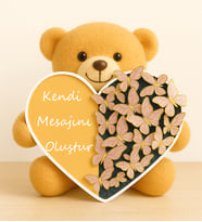Kişiye Özel Mesajlı Ayıcık ve Kelebekli Kalp Kutulu Hediye Seti Kelebek Buketi  Ve 25 Cm Peluş Ayıcık Kendi Mesajını Oluştur  Lüks Altın (Gold) Kalp Ayna-Pleksi ve Kelebek Hediye Kutusu Doğum Günü ve Sevgiliye Hediye