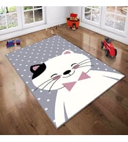 Gri Kedi Desenli Yıkanabilir Kaymaz Taban Leke TutmazBebek ve Çocuk Odası Halısı