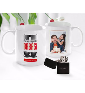 BK Gift Kişiye Özel Babalar Günü Hediyesi Fotoğraflı Kupa Bardak ve Benzinli Çakmak Seti-49 (Model 1)