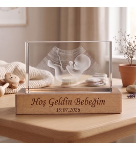 Kişiye Özel Işıklı Ahşap Standlı Kristal Cam Blok - Ultrason & Fotoğraf Baskılı Anı Hediyesi 5x5x8 cm