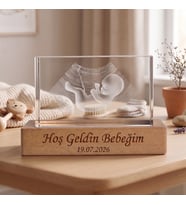 Kişiye Özel Işıklı Ahşap Standlı Kristal Cam Blok - Ultrason & Fotoğraf Baskılı Anı Hediyesi 5x5x8 cm