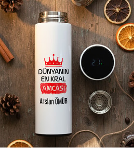 Kişiye Özel En Kral Amca Filtreli Dijital Göstergeli Termos Babalar Günü Hediyesi (Beyaz)