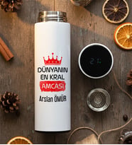 Kişiye Özel En Kral Amca Filtreli Dijital Göstergeli Termos Babalar Günü Hediyesi (Beyaz)