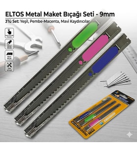 3'lü Metal Maket Bıçağı Seti - 9mm İnce Dar Tip, Paslanmaz Çelik Gövde, Hassas Kesim İçin Kilitli Mekanizma - Ofis, Sanat ve Hobi Kullanımına Uygun (Yeşil, Pembe, Mavi)
