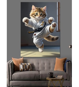 Karate Yapan Kedi Çizimi Dekoratif Kanvas - Mdf Ahşap Tablo