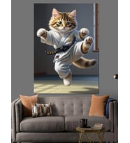 Karate Yapan Kedi Çizimi Dekoratif Kanvas - Mdf Ahşap Tablo