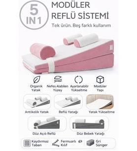 SABY 5 in 1 Modüler Bebek Yatağı – Antikolik - Düz Yatış - 30° Açılı Yatağı (Pembe)